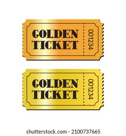 Two gold tickets. Golden ticket, retro lettering with serifs. Vector illustration.