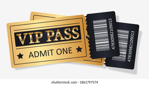 Two Gold Tickets VIP Pass, Admit One For Concert, Party, Cinema, Theatre With Golden Text, Letters And Barcode. Vector Illustration On White Background For Advertising, Promotion, Banner, Poster.