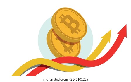 Dos monedas de oro en volumen de la criptografía digital virtual bitcoins y dos flechas entrelazadas apuntando hacia arriba naranja y rojo. Tendencia Crecimiento del movimiento