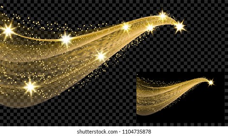 Two gold waves with a glitter effect on a checkered and black background. Comet with a luminous tail and stars. Vector illustration