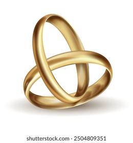 Two gold wedding rings are elegantly intertwined, reflecting light and symbolizing love and unity against a clean white background.