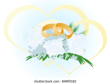 Two gold wedding rings lying in a bouquet of flowers. The illustration on white background