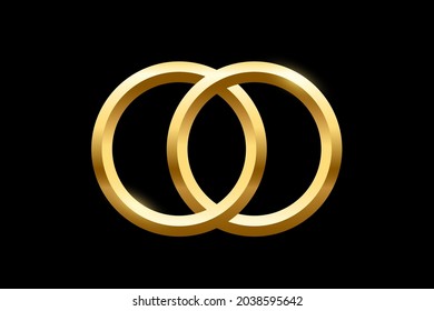 Dos anillos de boda dorados para la ilustración vectorial de la ceremonia de matrimonio. Símbolo de joya de unidad realista para pareja casada, par dorado de joyería entrelazado de dos círculos aislados en fondo negro