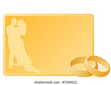 Two gold wedding rings next to a business card with a yellow background. The illustration on white background.