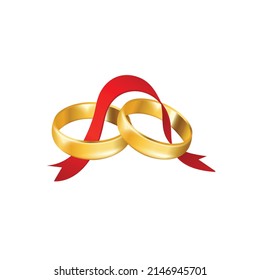 Two Gold Wedding Rings On White Background. Realistic Couple Golden Rings With Red Ribbon. Accessories For Marriage, 3d Isolated Vector Illustration