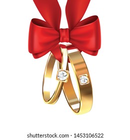 Two gold wedding rings tied with red ribbon bow realistic composition on white background vector Illustration 