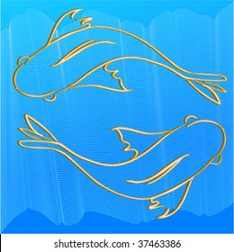 Two golden 3D fish on blue wave background, illustration vector