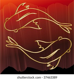 Two golden 3D fish on red wave background, illustration vector