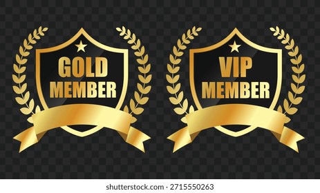 Dois distintivos dourados, um rotulado "GOLD MEMBER" e o outro "VIP MEMBER", ambos com coroas de louro e fitas, contra um fundo quadriculado transparente.