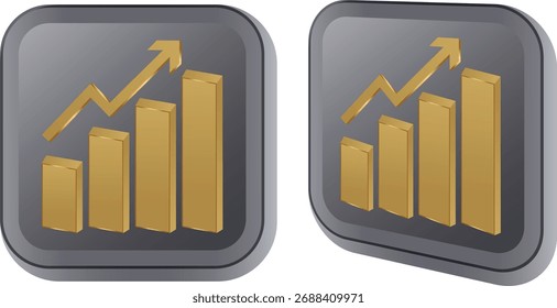 Dois ícones de gráfico de barras douradas exibindo tendências ascendentes e dados crescentes. Ideal para representar o crescimento financeiro, o sucesso dos negócios e a análise de dados em plataformas digitais.