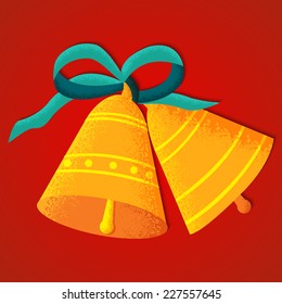 Two golden bells with a blue bow on red background