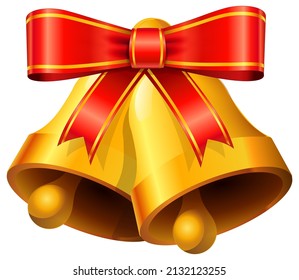 Two golden bells hanging by a red ribbon (cut out)