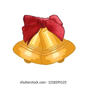 Two Golden bells with red bow isolated on white background