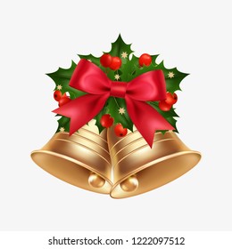 Two golden bells with a red bow and holly on a white background. Merry Christmas, symbol, holiday, religion. 3D effect. Vector illustration. EPS10