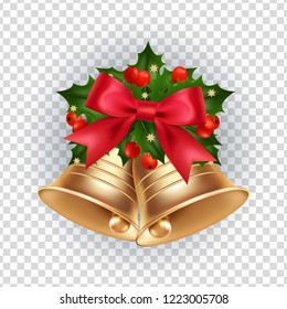 Two golden bells with a red bow and holly on transparent background. Merry Christmas, symbol, holiday, religion. 3D effect. Vector illustration. EPS10