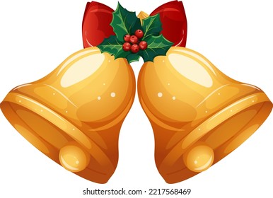 Dos campanas doradas con arco rojo y aliño, campanas de Navidad
