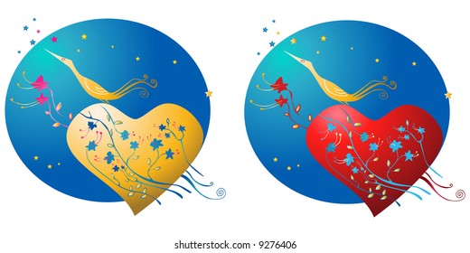 two golden bird with flowers and heart shape