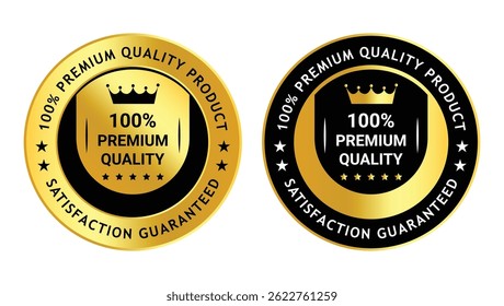 Two golden and black premium quality guarantee badges with crown icons and bold text	