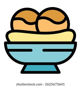 Two golden brown falafel balls sit atop a bed of creamy hummus in a light blue bowl, representing a classic middle eastern dish
