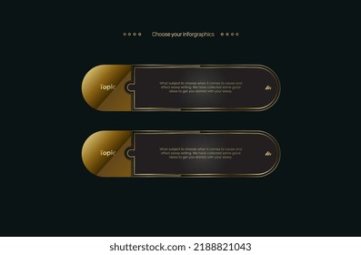 TWO Golden buttons, symbols, icons, steps of workflows templates design and multipurpose Infographic Vector on a dark background
