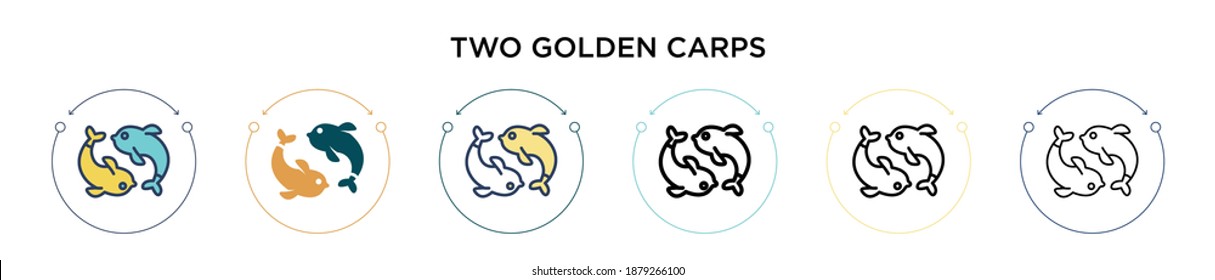 Two golden carps icon in filled, thin line, outline and stroke style. Vector illustration of two colored and black two golden carps vector icons designs can be used for mobile, ui, web