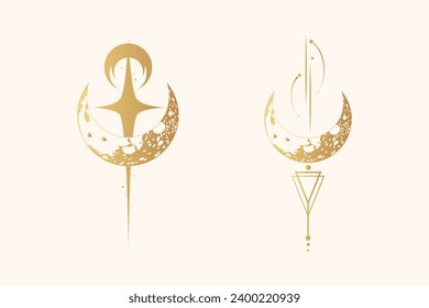 Two golden celestial moon illustrations isolated on white background. Vector bohemian print in boho style for card, t-shirt and label