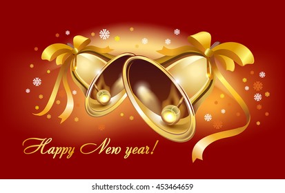 Two Golden Christmas bells with gold ribbon on red background. Vector illustration.
