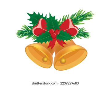 Two golden Christmas bells with holly, red ribbon and spruce branch icon vector. Christmas gold bell icon isolated on a white background. Christmas symbol graphic design element