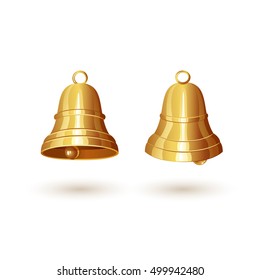 Two golden Christmas bells isolated on white background, holiday decoration, illustration.