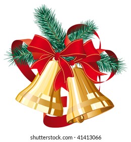 Two golden christmas bells with red bow