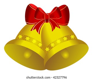 Two golden christmas bells with red bow - vector