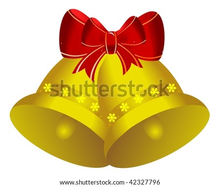 Two golden christmas bells with red bow - vector