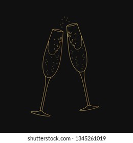 Two Golden Clinking Sparkling Champagne Glasses With Bubbles In Outline. Celebration Party Toast. Vector Gold Wedding Background For Invitation.