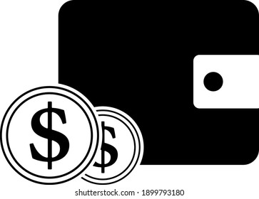 Two Golden Coins In Front Of Purse Icon. Black Glyph Design. Vector Illustration.