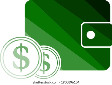 Two Golden Coins In Front Of Purse Icon. Flat Color Ladder Design. Vector Illustration.