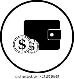 Two Golden Coins In Front Of Purse Icon. Thin Circle Stencil Design. Vector Illustration.