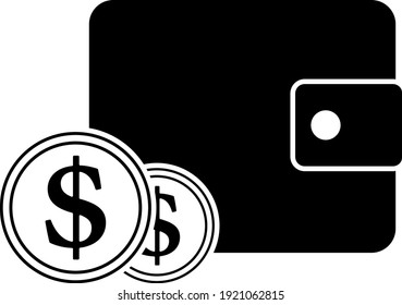 Two Golden Coins In Front Of Purse Icon. Black Stencil Design. Vector Illustration.