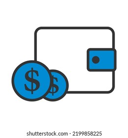 Two Golden Coins In Front Of Purse Icon. Editable Bold Outline With Color Fill Design. Vector Illustration.
