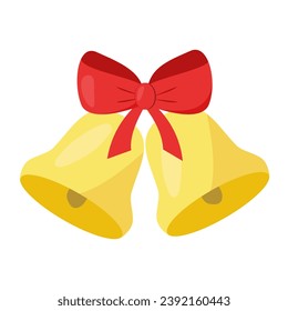 Two golden coloured jingle bells with red bow, winter holidays design element, vector