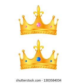 Two golden crown 3d royal queen monarch king emperor tsar symbol realistic vector luxury VIP jewelry ruby, sapphire. Isolated on white background. Success, authority business leadership emblem