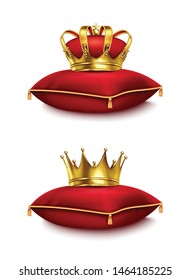 Two golden crowns on red ceremonial pillows isolated on white background realistic vector illustration