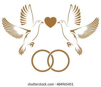 Two Golden Doves flying with gold wedding rings and gold heart. Vector illustration.