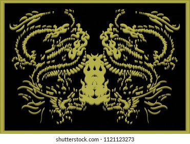 Two golden dragon images on a black background.