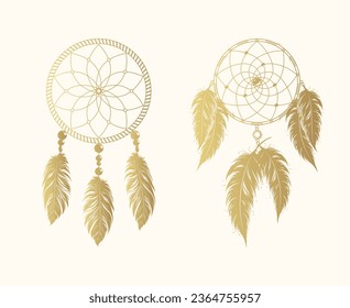 Two golden dream catchers isolated on white background. Hand drawn vector design elements  for print and web design.
