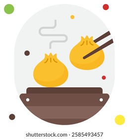Two golden dumplings being lifted with chopsticks, perfect for a culinary illustration or restaurant menu.