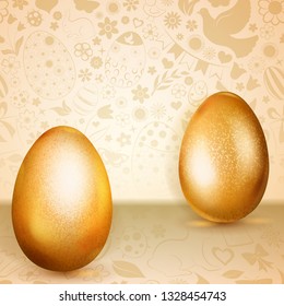 Two golden Easter eggs standing on background of flowers, cakes, hare, chicken and other holiday symbols