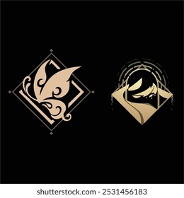 Two golden emblems on a black background; one features a butterfly and the other a mountain. 