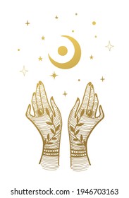 Two golden female hands and a crescent moon with stars. Vintage illustration for tarot, palmistry, witchcraft, astrology. Vector illustration is isolated on a white background.