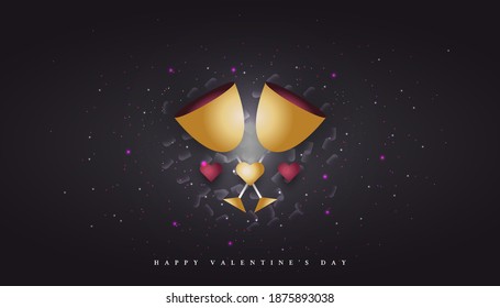 Two golden glass and scattered hearts on dark background with happy valentine's day greeting