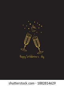 Two golden glasses vector illustration. Holiday theme. Happy St.Valentine`s day.